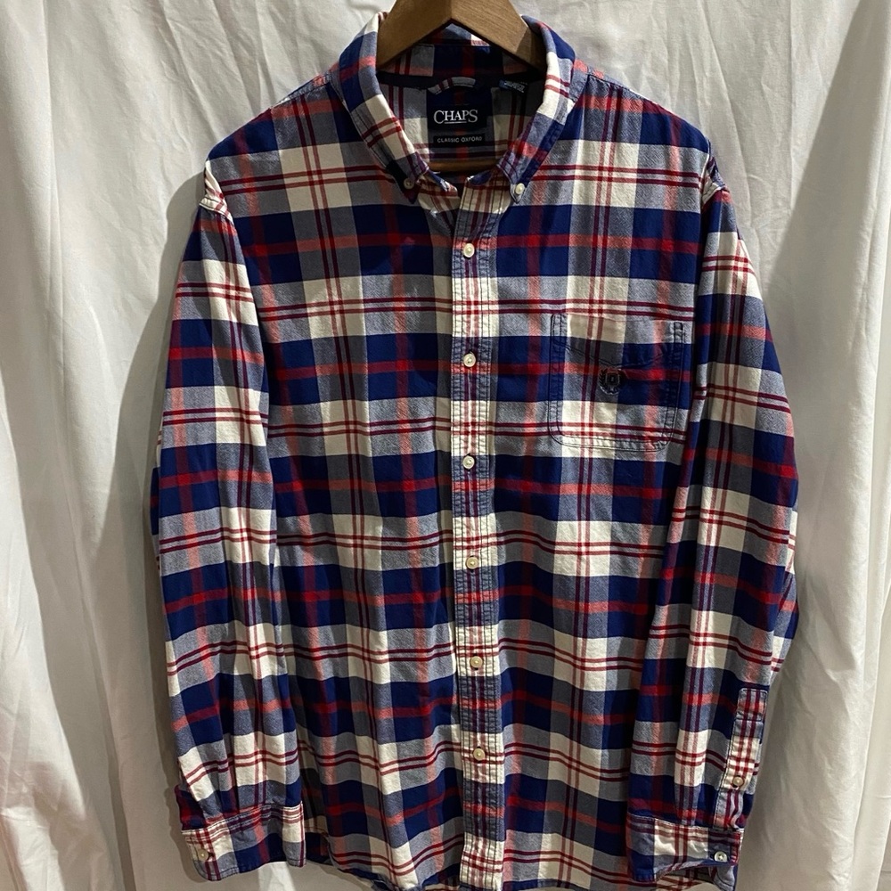 👕CHAPS Red White & Blue Plaid Oxford - XXL